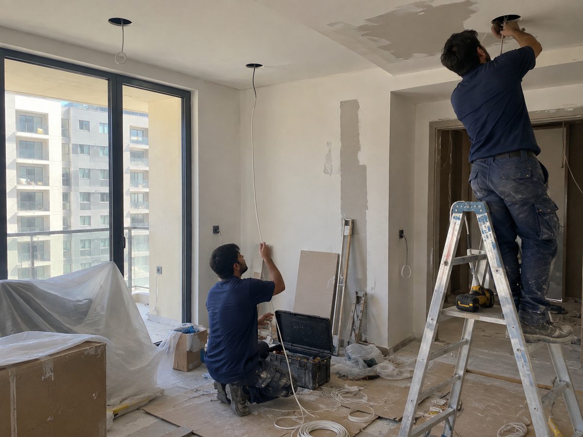 Bustan Al Abeer electricians installing ceiling downlights in a Dubai apartment fit-out